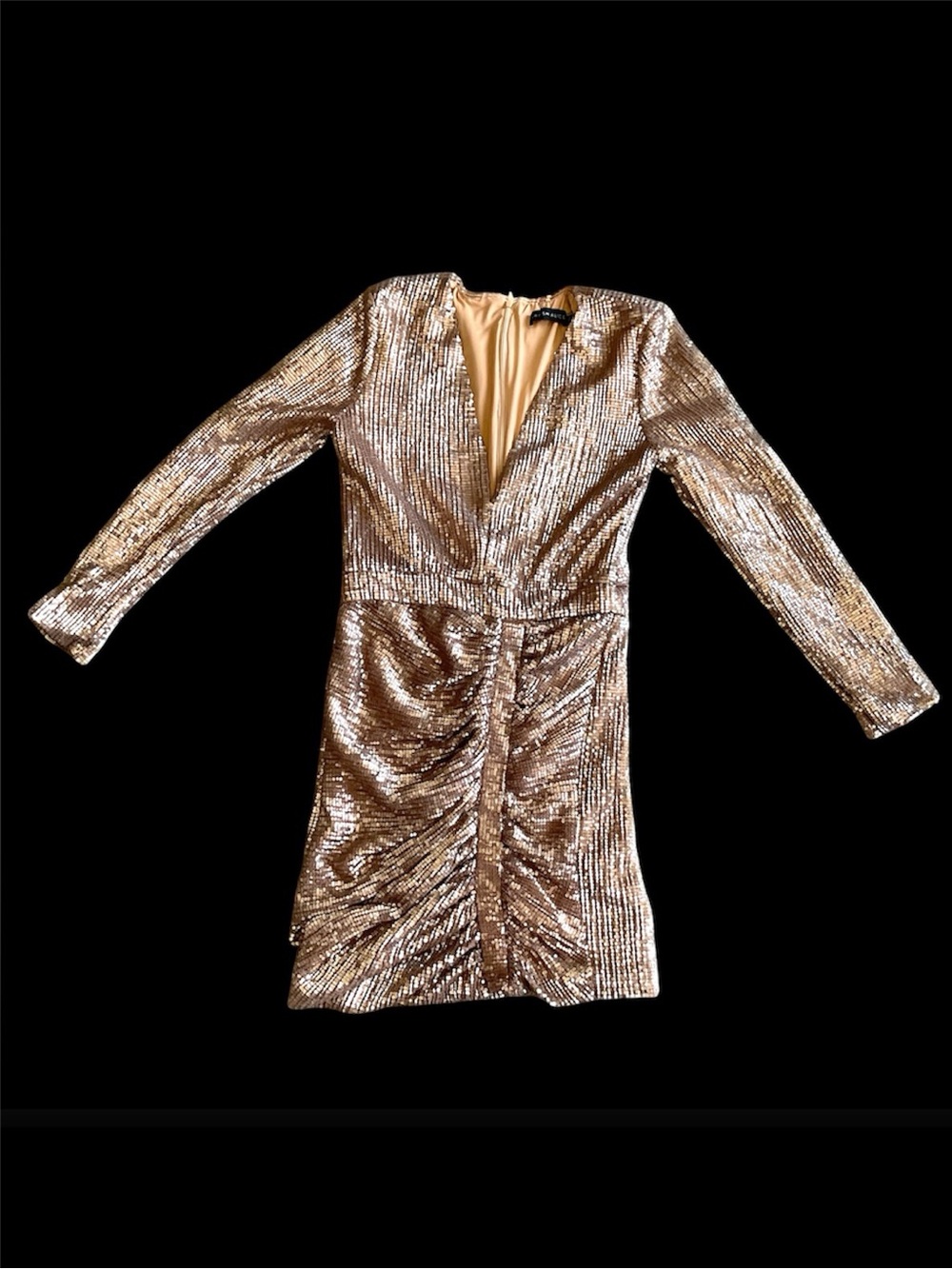 Lavish Alice Metallic Gold Sequin Ruched Long Sleeve Mini Dress Size 6